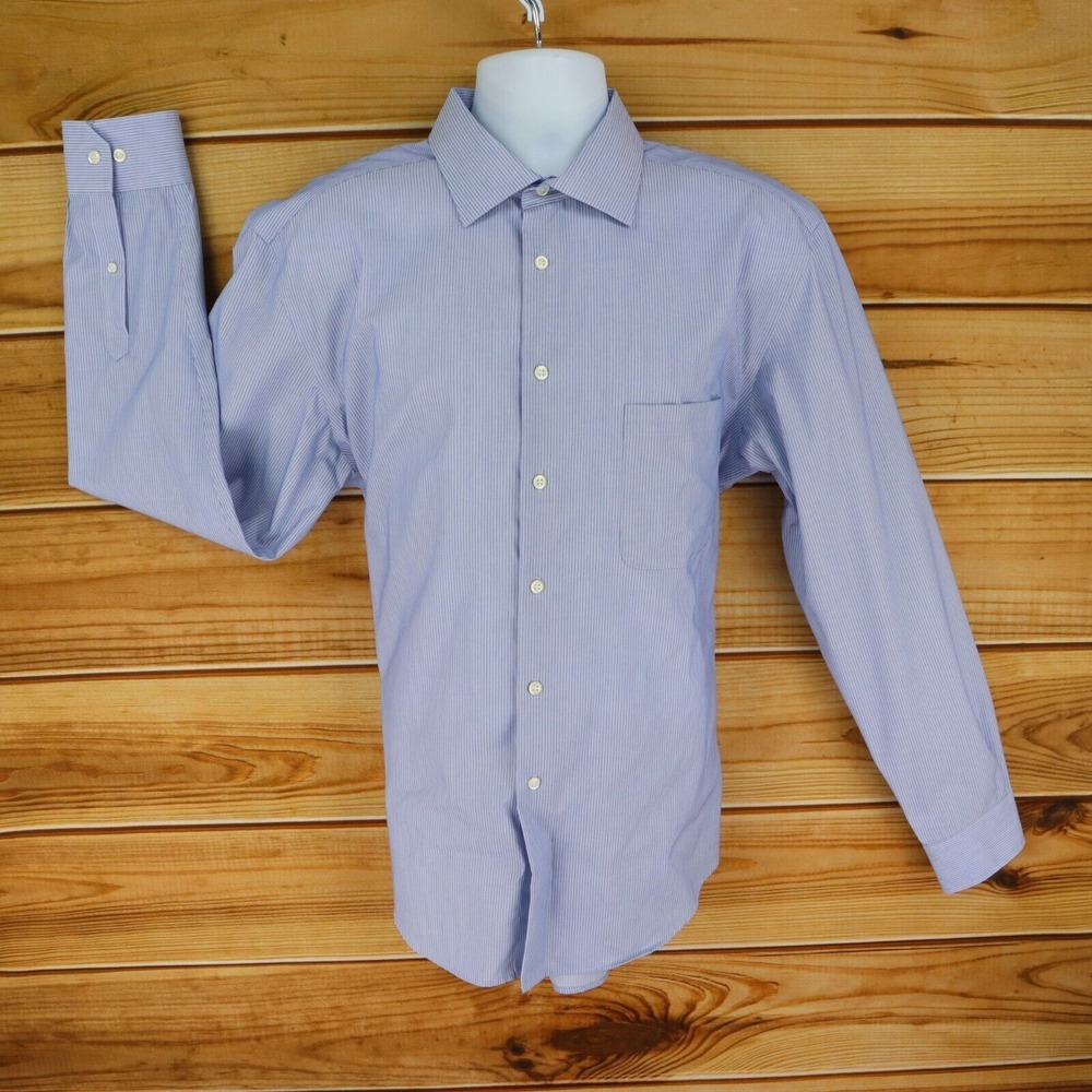 Pronto Uomo Dress‎ Shirt Non-Iron Spread Collar Mens XL Blue Striped Long Sleeve